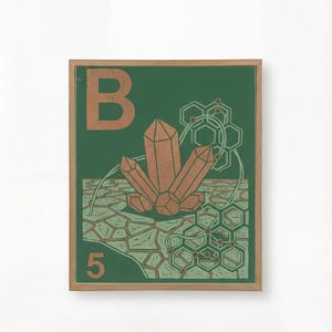 Op de afbeelding: Een ingelijste print met een groene achtergrond, met de letter "B" en het cijfer "5" in oranje. Het kunstwerk bevat oranje kristalformaties en onderling verbonden zeshoekige vormen in een lichter groen, wat een op wetenschap geïnspireerd ontwerp creëert.