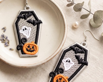 Diseño de bordado de pendientes de ataúd de Halloween FSL, pendientes de calabaza fantasma de ataúd de encaje independientes, archivo de bordado a máquina PES DST