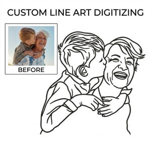 May include: Black and white line art illustration of a child kissing a smiling older person on the cheek. The image is a digital conversion of a photograph, with the text "CUSTOM LINE ART DIGITIZING" at the top and "BEFORE" in a box.