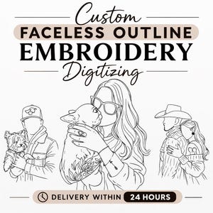 Pode incluir: Ilustração a preto e branco com o texto "Custom Faceless Outline Embroidery Digitizing". A imagem mostra três retratos sem rosto de pessoas com animais de estimação e entes queridos. O texto "Entrega em 24 horas" também está incluído.
