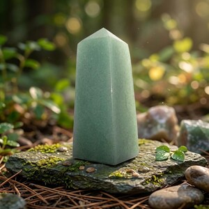 Pode incluir: Uma torre de cristal de seis lados, de cor verde-clara, com um topo pontiagudo. A pedra tem uma textura lisa e mate, com uma cor verde-pálida consistente em toda a sua estrutura vertical facetada, posicionada na vertical.