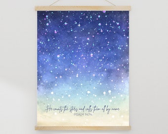 He Counts the Stars, Scripture Wall Art, Bible Verse Wall Art, Christian Wall Art, Christian Home Decor, Bible Verse Print, Watercolor Art