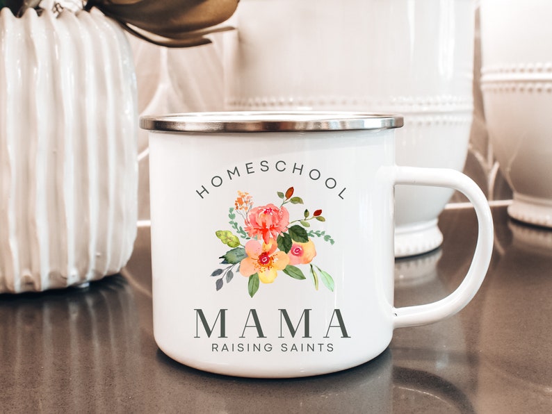 Homeschool Mama Coffee Mug, Homeschool Mug, Homeschool Mom Gift, Raising Saints, Enamel Mug, Homeschool mama, homeschool mug image 2