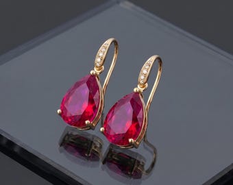 Tropfenförmige Ohrringe aus 14-karätigem Gold mit Rubin und Diamanten, Brautschmuck mit Geburtsstein Juli