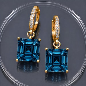 London Blue Topas 14K Gelbgold Ohrring Birthstone Farben Hoop Backing Ohrring mit 4 Krappenfassung