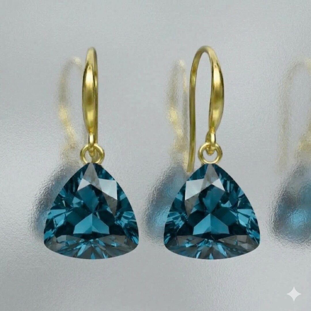 14K Gold London Blue Topaz Drop Earrings: Emerald Cut, December ...