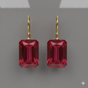 K&ouml;nnte beinhalten: Ein Paar goldfarbene Ohrh&auml;nger mit gro&szlig;en, rechteckigen, facettierten, rubinroten Edelsteinen. Die Ohrringe haben ein schlichtes, elegantes Design mit Hakenverschluss. Die Edelsteine sind tiefrot.