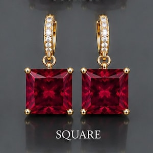 Square Lab Ruby Hoop Earrings, 14K Gold Vermeil, Vintage Style Birthstone Gift