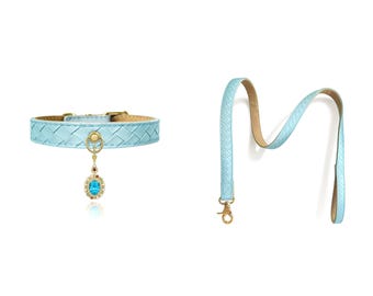 Conjuntos de collar y correa de lujo azul cielo para mascotas con colgante