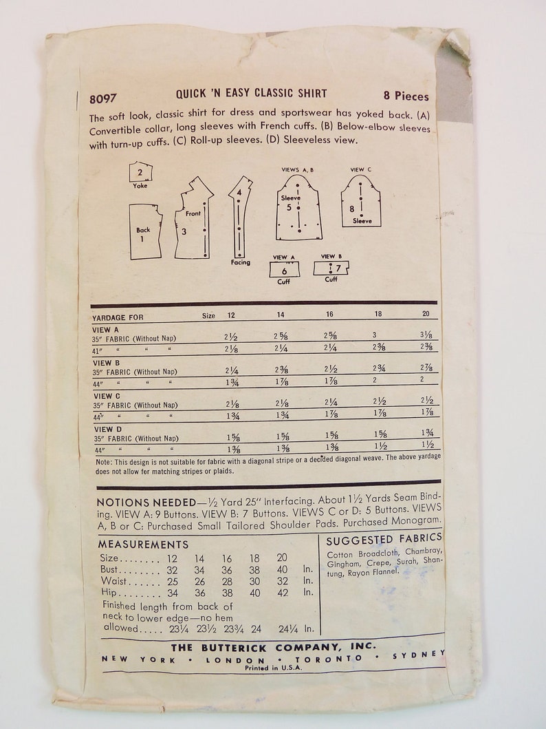 Butterick Pattern 8097 1950s Misses' Classic Shirt Size - Etsy
