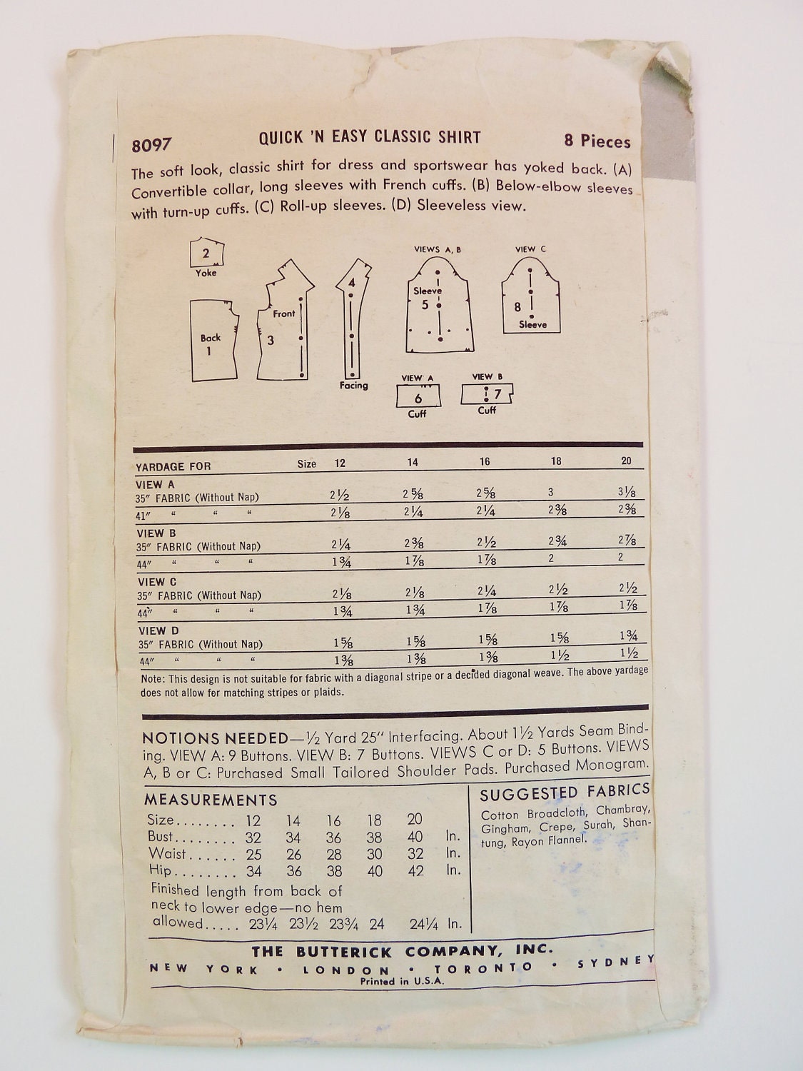 Butterick Pattern 8097 1950s Misses' Classic Shirt Size | Etsy