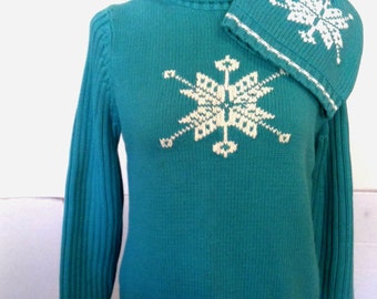 Lands End Turquois Heavy Pull Over Sweater Size Large 100% Cotton With Matching Hat