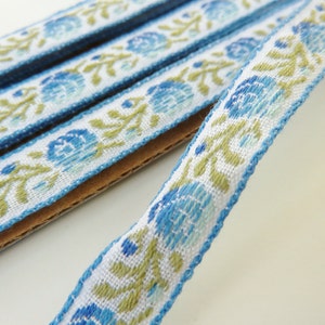 Blue & White Cotton Brocade Tape with Flower Pattern and Sage Green Leaves
