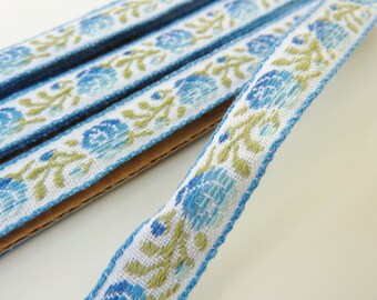 Blue & White Cotton Brocade Tape with Flower Pattern and Sage Green Leaves