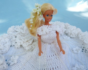 Wedding Dress - Vintage Barbie OOAK Hand Crocheted Elaborate White Dress & Doll