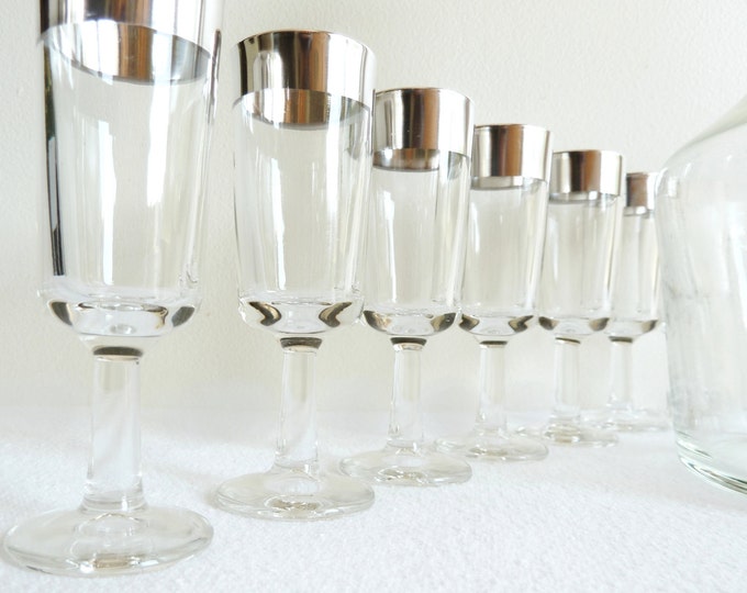 Mid Century Silver Trim Barware Decanter and 6 Glasses SALE Use Coupon