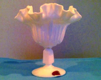 Fenton Milk Glass Cactus Pattern Double Ruffled Candy Dish/Compote 1950s With Label