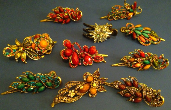 Hair Clips Flowers and Peacocks Rhine Stones and … - image 1