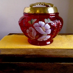 Vintage Fenton Red Rose Bowl Signed With Brass Top New