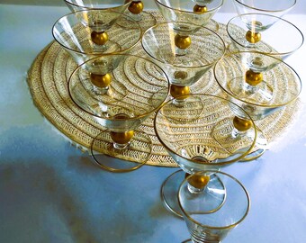 Cocktail Glasses Eleven Clear with Gold Ball Stems and Gold Rims One Small Cordial