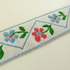 Blue, Pink & White Cotton Brocade Tape Trim with Flower Pattern and Kelly Green Leaves