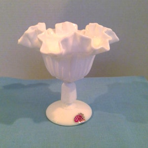 Fenton Milk Glass Cactus Pattern Double Ruffled Candy Dish/Compote 1950s With Label