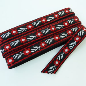 Black Cotton Brocade Tape with Red Daisy Flower Pattern