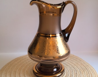 Amber Frosted Gold Embellished Glass Pitcher Czech Art Deco Mid Century