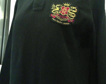 Ralph Lauren Mens Black Long Sleeve 100% Cotton Shirt With Lg Polo Shield Emblem Size S