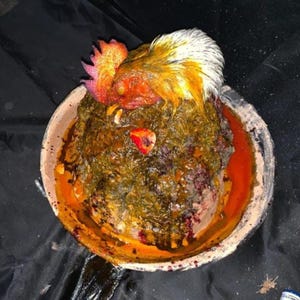 Pode incluir: Uma tigela de cerâmica contendo uma mistura escura e texturizada, encimada por uma cabeça de galo com uma crista vermelha brilhante e penas de pescoço brancas e laranja. A mistura parece ter um líquido vermelho-alaranjado nas bordas.