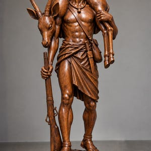 Pode incluir: Uma escultura detalhada em madeira castanha de um caçador com um lenço na cabeça e sandálias, carregando um veado sobre os ombros. A figura segura uma espingarda longa e usa uma alça com uma bolsa e uma faca embainhada no torso.