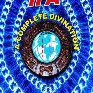 Puede incluir: Una portada de libro titulada IFÁ A COMPLETE DIVINATION por AYO SALAMI. El centro presenta un emblema circular en tonos bronce con un globo terráqueo azul claro y figuras en relieve, sobre un fondo de patrón tie-dye azul y blanco.
