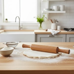 Peut inclure: Un rouleau à pâtisserie en bois est posé sur une pâte à tarte ronde saupoudrée de farine. Un petit bol de farine et un tamis sont à proximité sur un comptoir en bois clair. La cuisine comprend un évier, une fenêtre et des étagères.