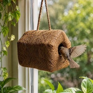 May include: A brown, woven, house-shaped birdhouse made of natural fibers, suspended by a thick rope loop. A small, light brown bird with spread wings is captured in motion as it enters the circular opening on the front of the structure.