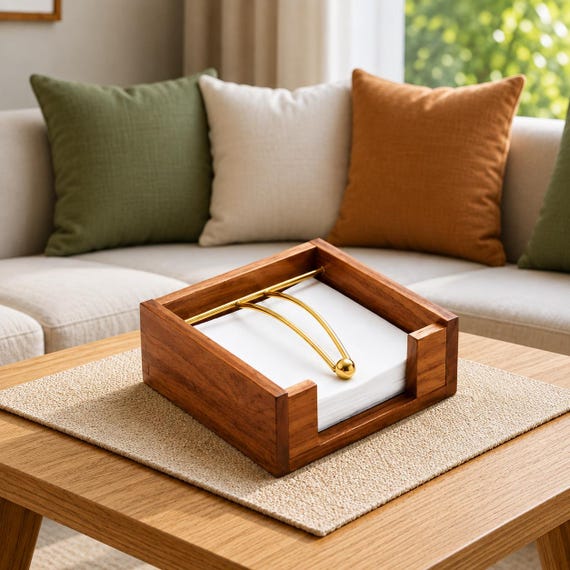 Handmade Sheesham Wood Napkin Holder, Gold Metal Detail, Rustic Dining Decor