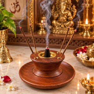 May include: A round, dark brown wooden incense burner featuring a central brass-lined cone holder and four peripheral holes for incense sticks. A black incense cone sits in the center, emitting smoke, while four thin incense sticks are inserted.