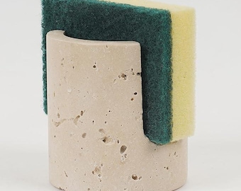 Hand-Carved Travertine Stone Sponge Holder, Quick-Dry Kitchen Countertop Organizer