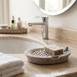 May include: A round, light-colored stone soap dish with a grid-patterned insert, holding a rectangular bar of soap with visible botanical inclusions and a small sprig of dried lavender resting on the edge of the dish.
