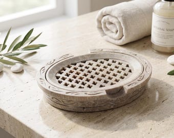 Jabonera tallada a mano con tapa, organizador de baño de esteatita natural.