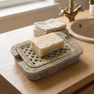 May include: A stone soap dish with a carved floral pattern holds a bar of soap. The soap dish is on a wooden surface. A stack of beige washcloths and a brass tap are in the background. The soap dish is approximately 15 cm long.