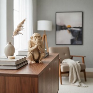 May include: A light tan, geometric monkey figurine with a faceted surface texture, depicted in a seated position with hands held near its face, resting on a stack of books next to a small, light-colored ceramic vase containing a dried plant stem.