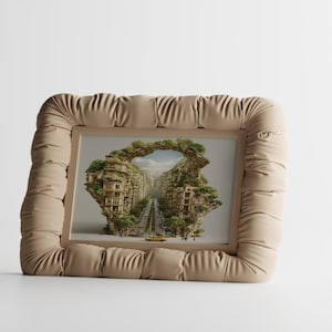 May include: A framed art print featuring a surreal landscape with buildings built into rock formations. The frame is a beige, padded design. The artwork depicts a road leading through the landscape with a yellow vehicle.
