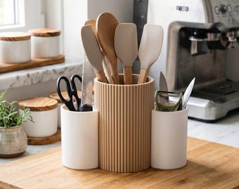 Three Cup Utensil Holder, Ribbed Kitchen Caddy, Countertop Utensil Crock, Modern Farmhouse Cooking Tool Organizer