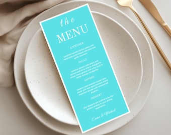 Blue White Wedding Menu Card, Elegant Reception Stationery (4x9 inches) (Instant Download)