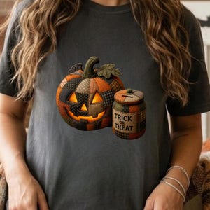 以下が含まれることがあります： チャコールグレーのTシャツ。パッチワーク柄のジャック・オー・ランタンのグラフィックと、同じくパッチワーク柄の瓶が描かれており、瓶には「TRICK OR TREAT」という文字が暗い太字のサンセリフ体でプリントされています。