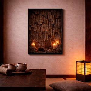 May include: A framed artwork showing a traditional Japanese scene with wooden plaques, candles, and incense. The room features a low table with tea cups, a floor cushion, and a lit paper lantern, creating a serene atmosphere.