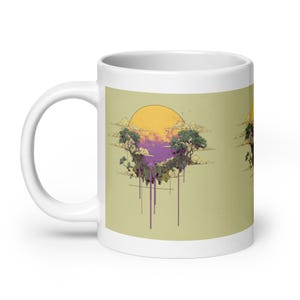 May include: White ceramic mug featuring a surreal landscape design. The artwork depicts a yellow sun, purple clouds, and floating islands with trees. Vertical purple lines drip down from the islands against a light green background.