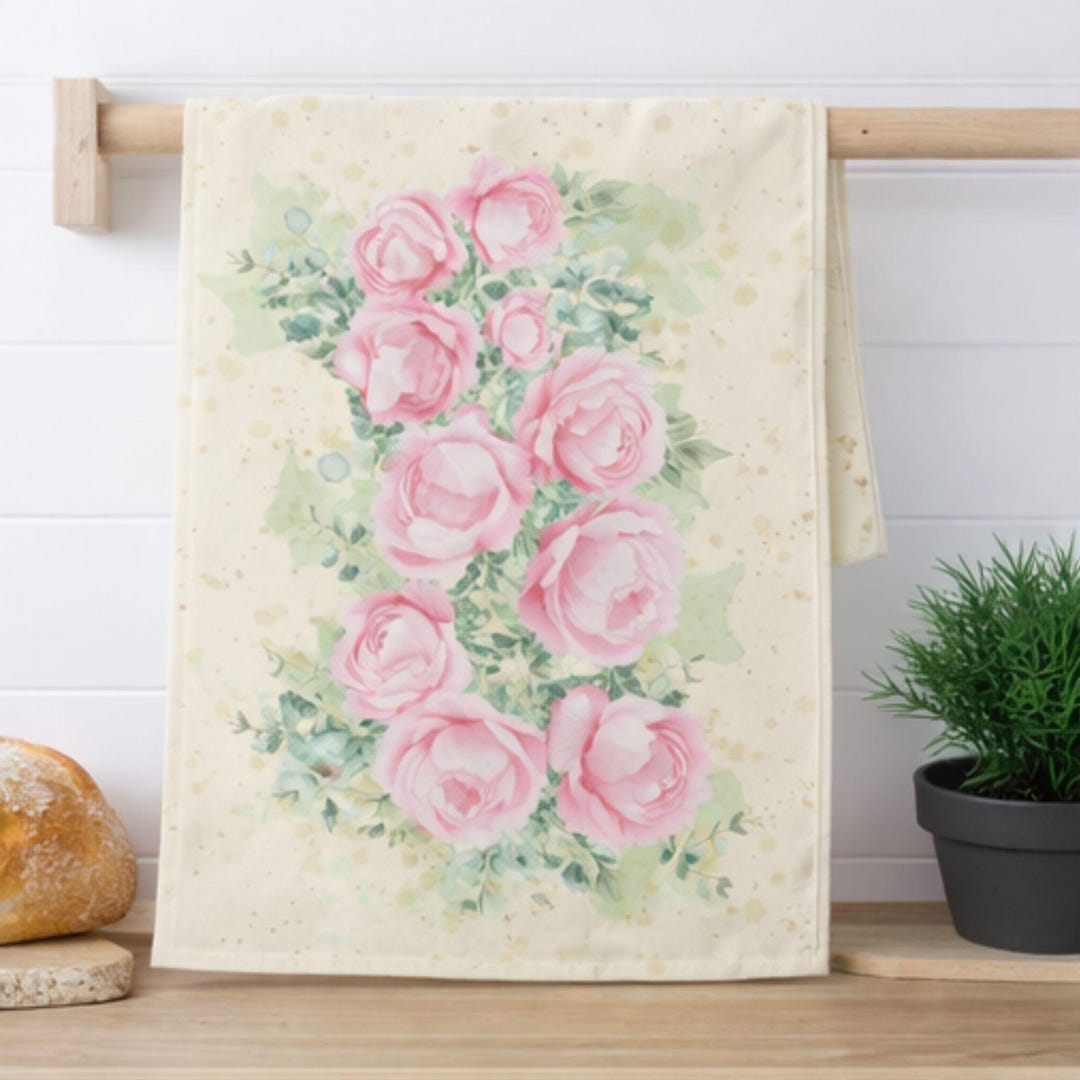 Watercolor Rag Pink Watercolor Rag | Floral Kitchen Hand Towel | Cotton Dish Cloth for ...
