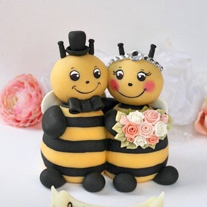 Wedding bee cake topper, bumble bee cake topper, hugging bride and groom wedding cake topper, bride to bee, BIG wedding figurines 5&quot; tall!