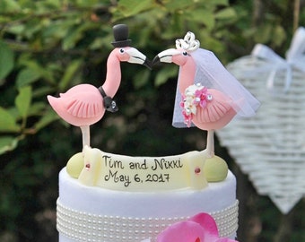 Flamingo wedding cake topper, bird cake toppers, tropical beach destination nautical pink flamingo wedding, custom rustic cake topper